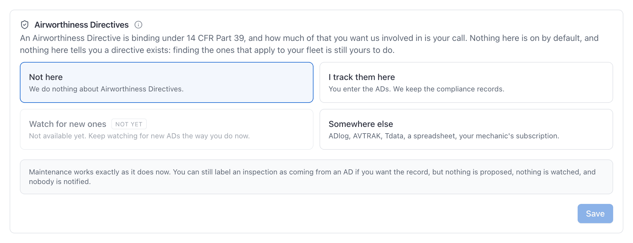The four choices for how much AerScheduler does about Airworthiness Directives