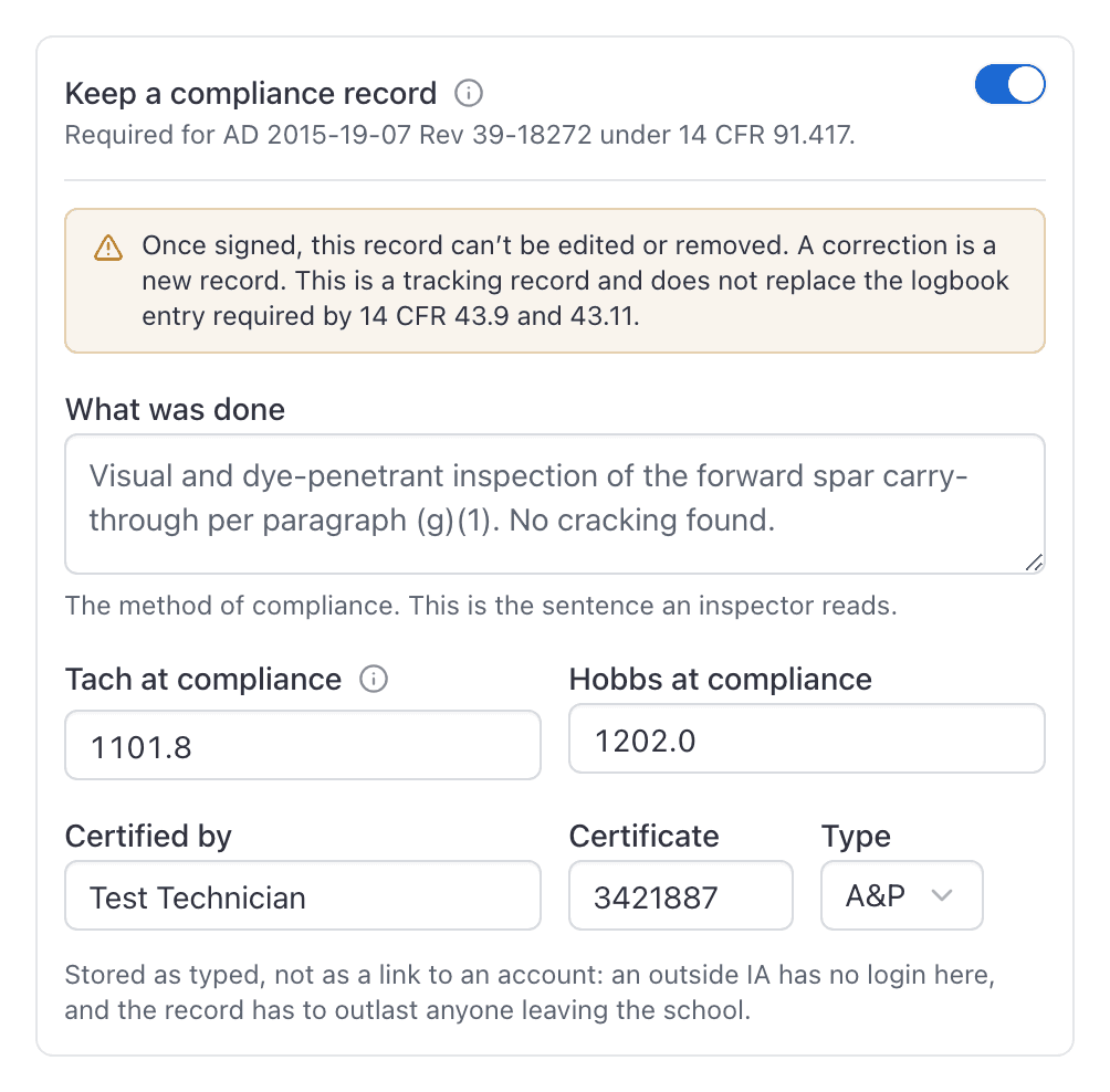 The compliance record section of a sign-off