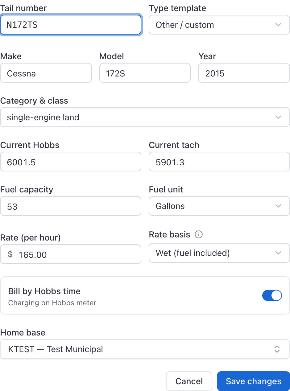 Aircraft, edit form