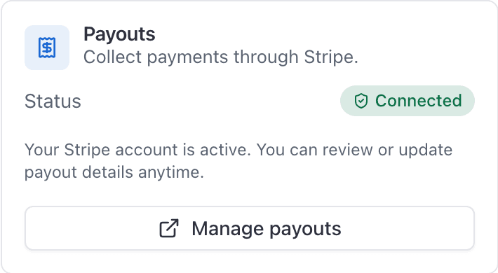 Settings, Billing, Payouts card