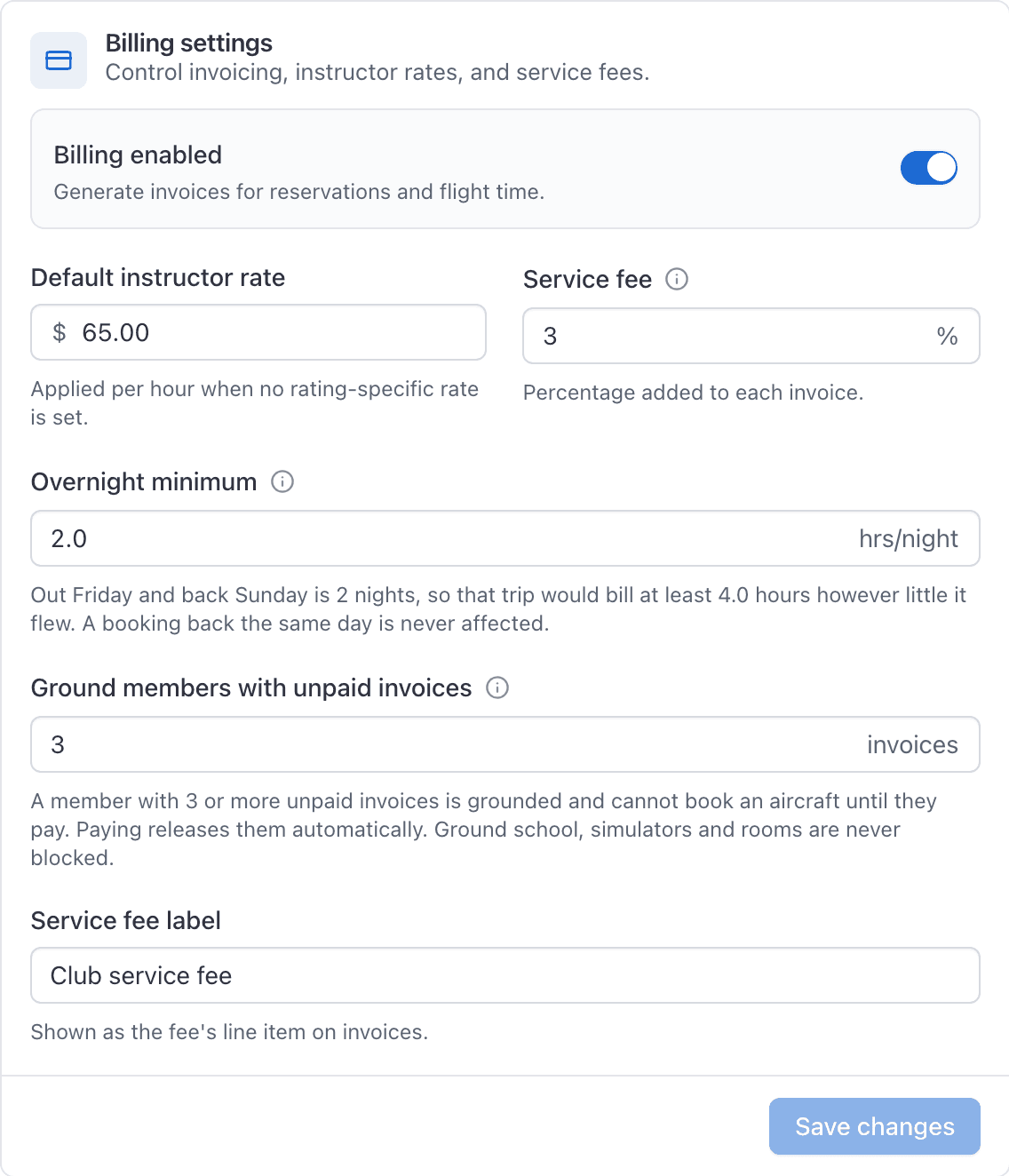 Settings, Billing