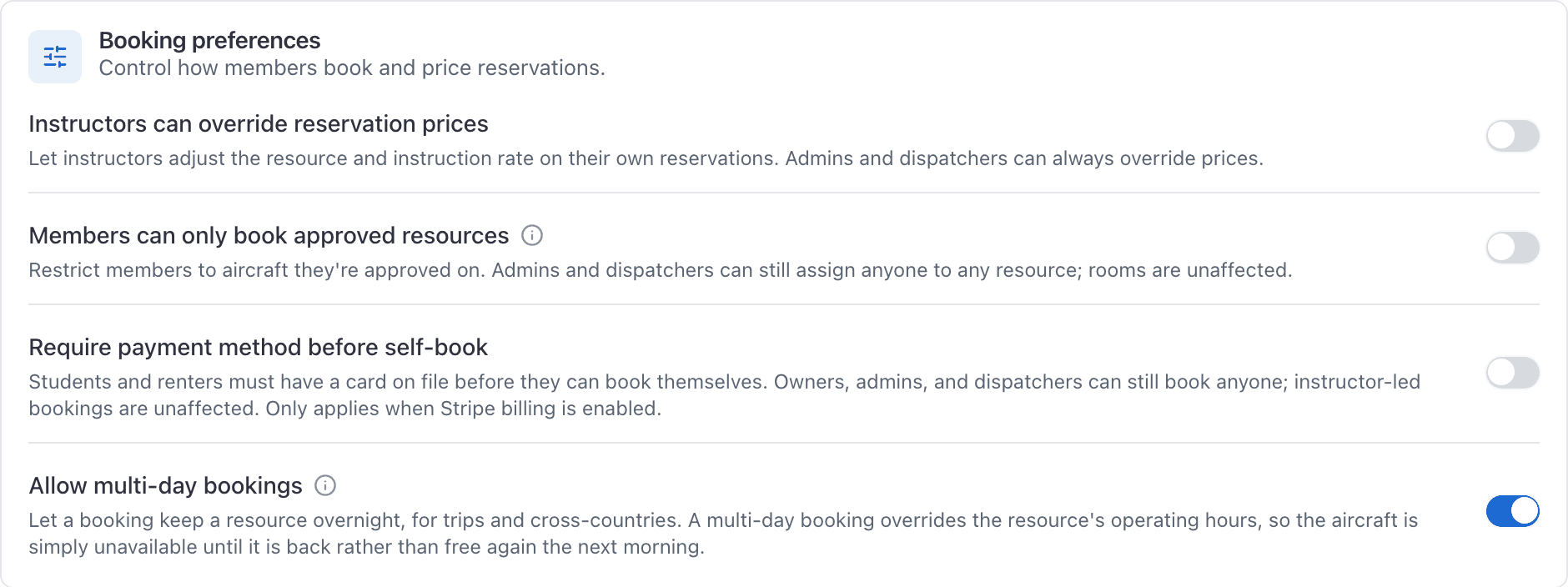 Settings, Booking preferences