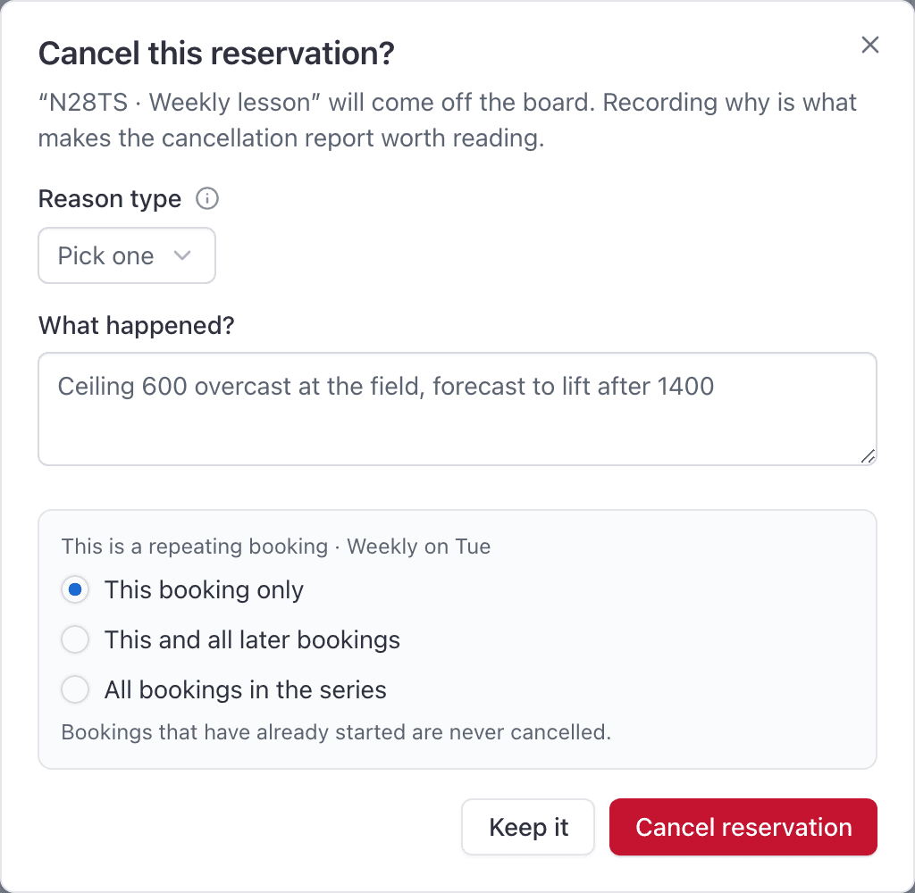 Cancel reservation dialog
