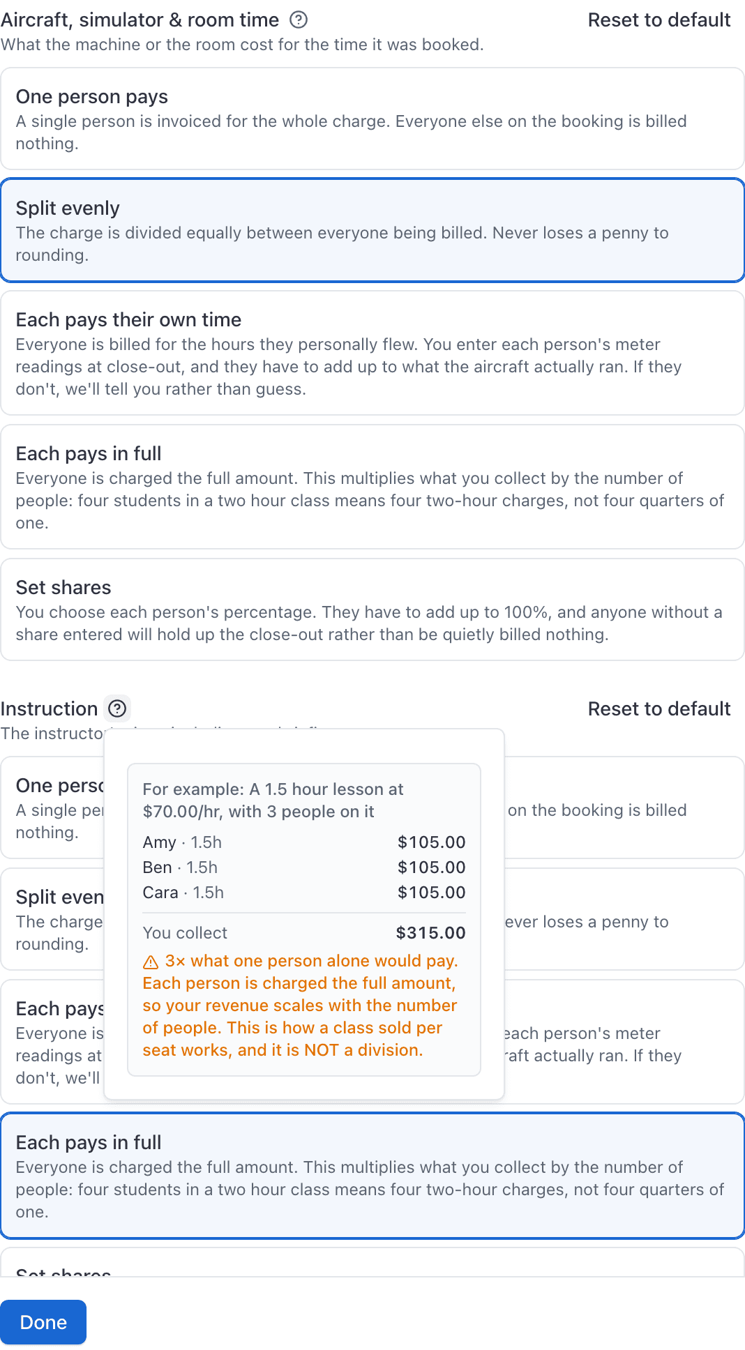 Cost splitting, per booking type editor