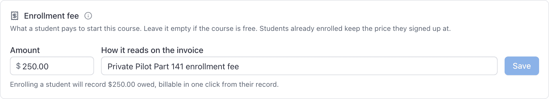 Course detail, Enrollment fee card