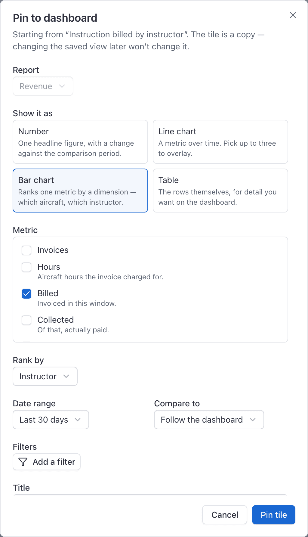 Reports, Pin to dashboard dialog