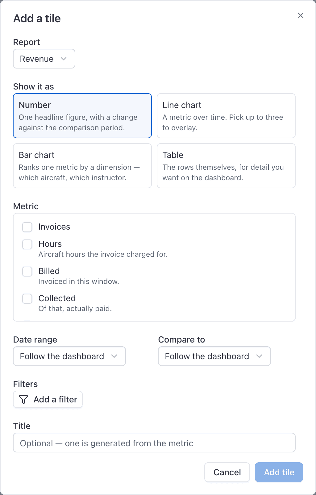 Reports, Add tile dialog