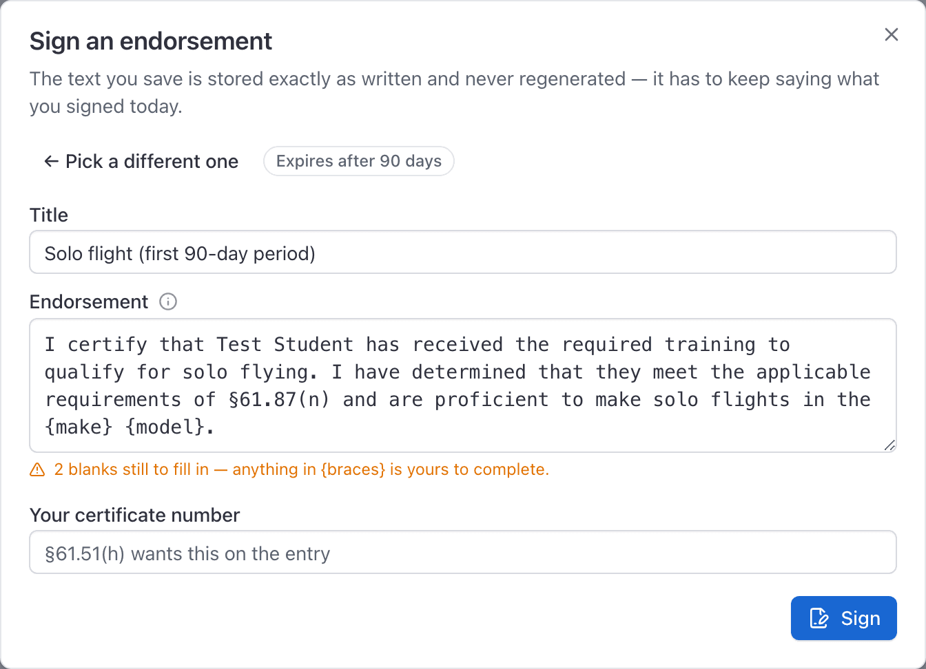 Sign an endorsement dialog