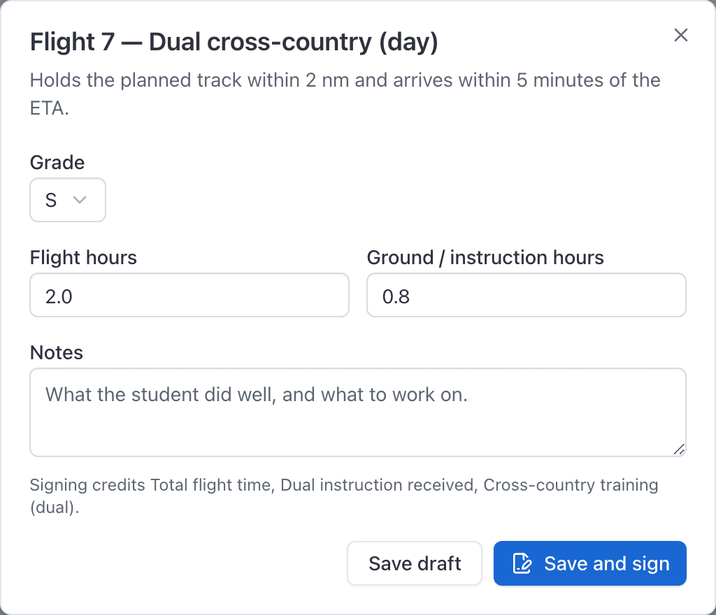 Grade lesson dialog on the training record