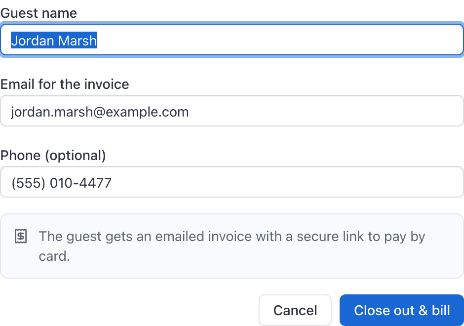 Close out and bill guest modal