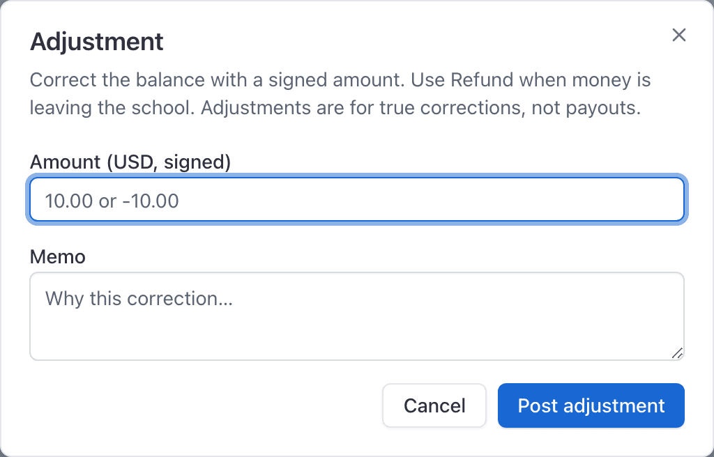 Ledger adjustment dialog