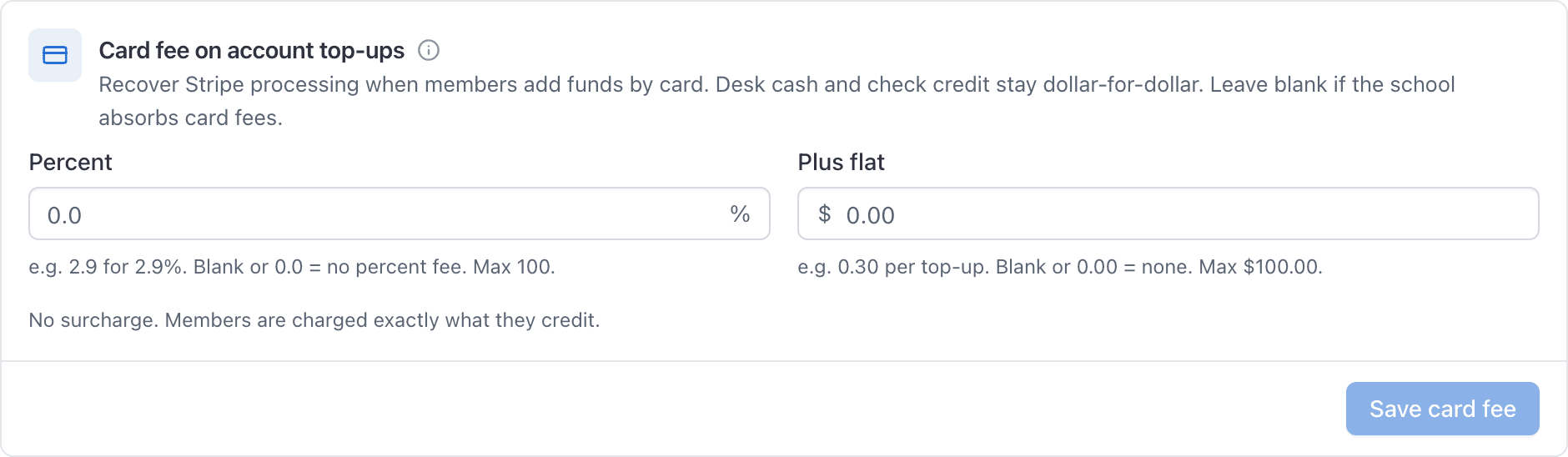 Card fee on account top-ups settings