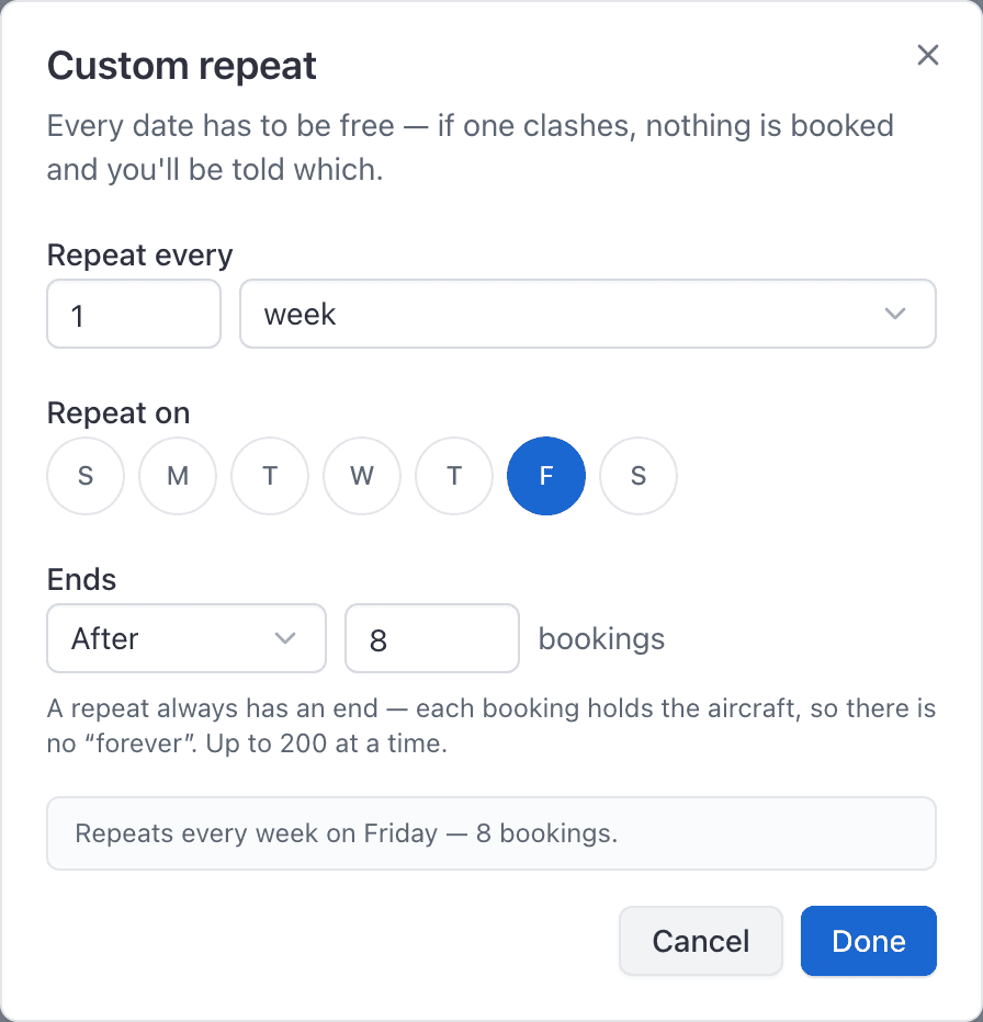 Book a reservation, Repeat control