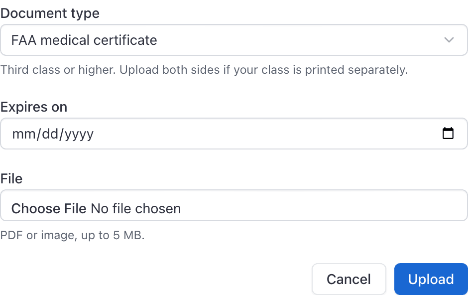 Upload a document modal