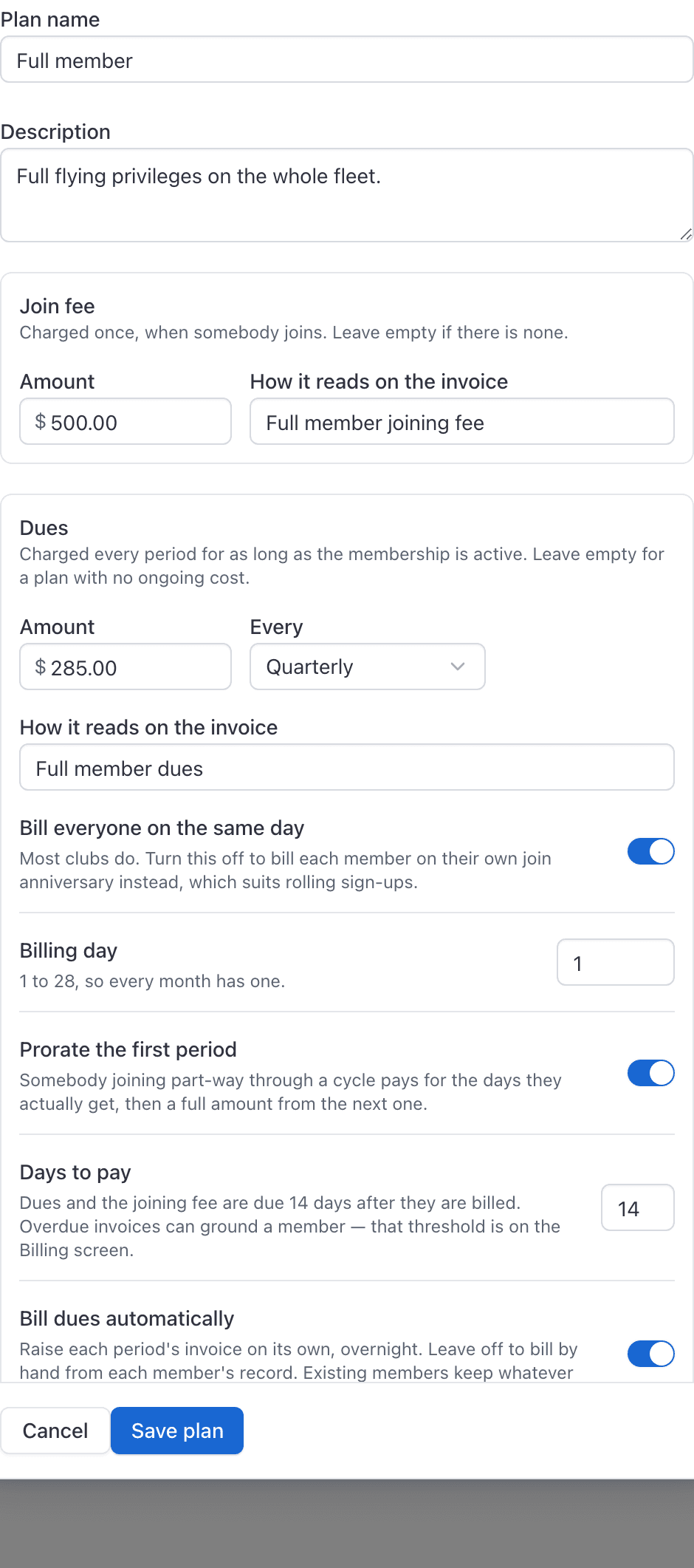 Membership plan editor