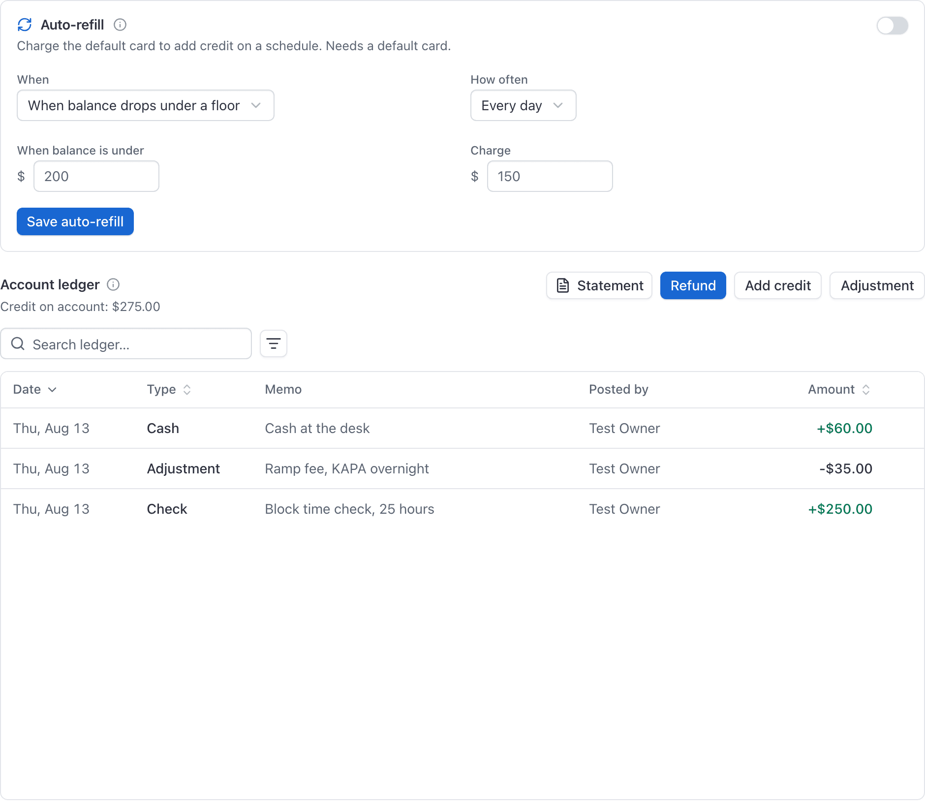 A member's account ledger