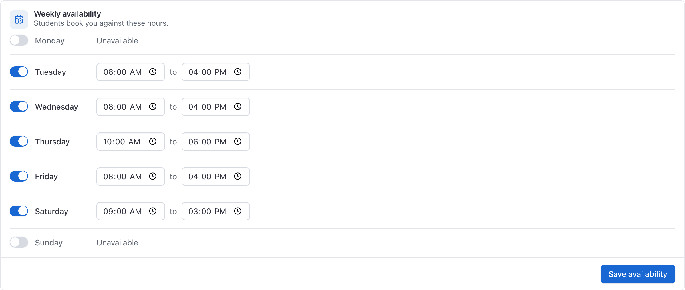 Profile, Availability tab
