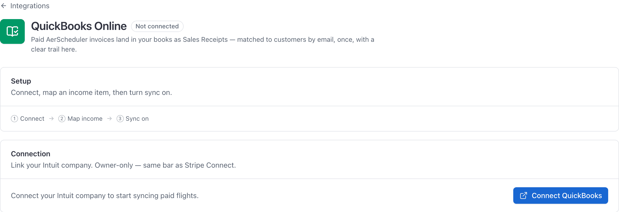 Settings, Integrations, QuickBooks Online