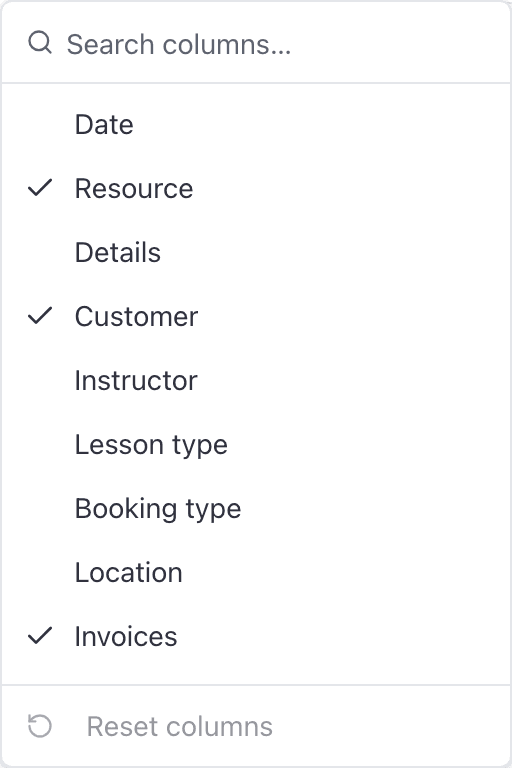 Reports, Columns submenu