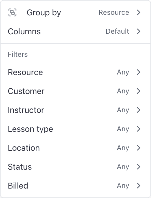 Reports, Filters menu