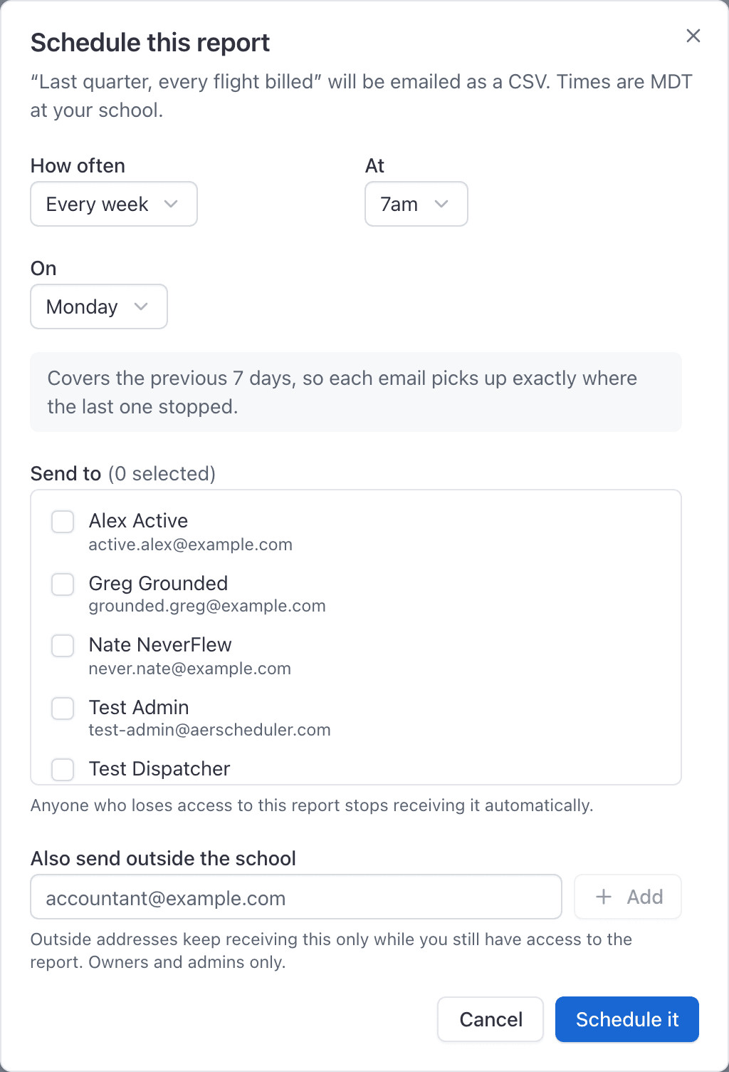 Reports, Schedule this report dialog