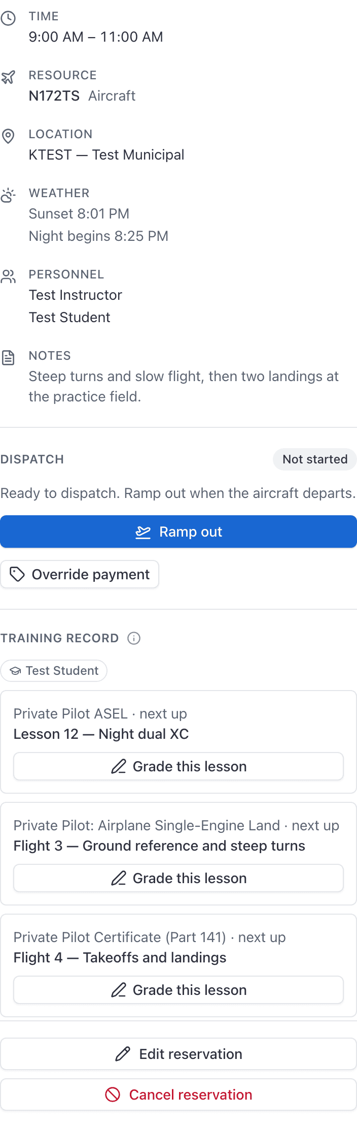 Reservation detail panel