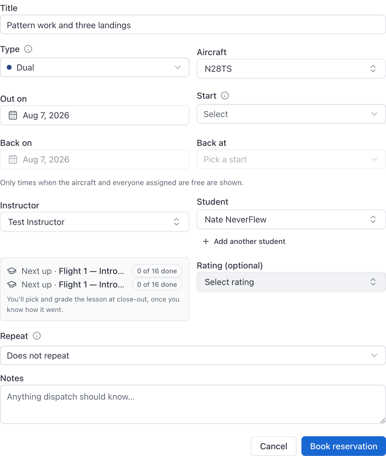 New reservation modal, dispatch variant