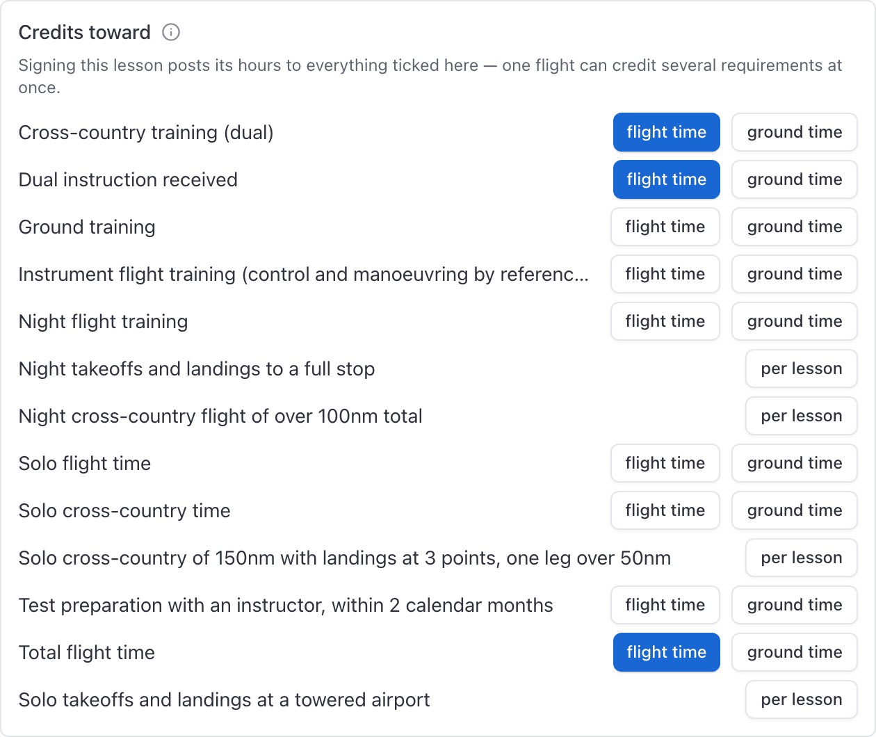 Lesson dialog, Credits toward box